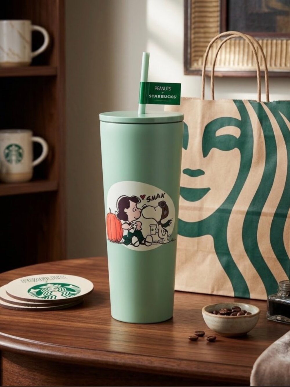 Starbucks Peanuts 24 Oz Lucy & Snoopy Mint Green Tumbler With Lid & Straw